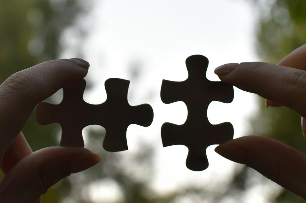 a person holding two pieces of a puzzle